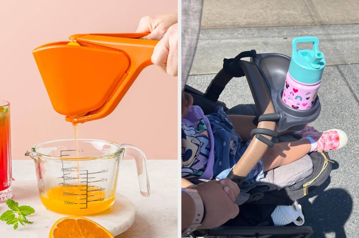 Two images: Left, hand using an orange citrus juicer. Right, a child's stroller cup holder with colorful bottles placed in it