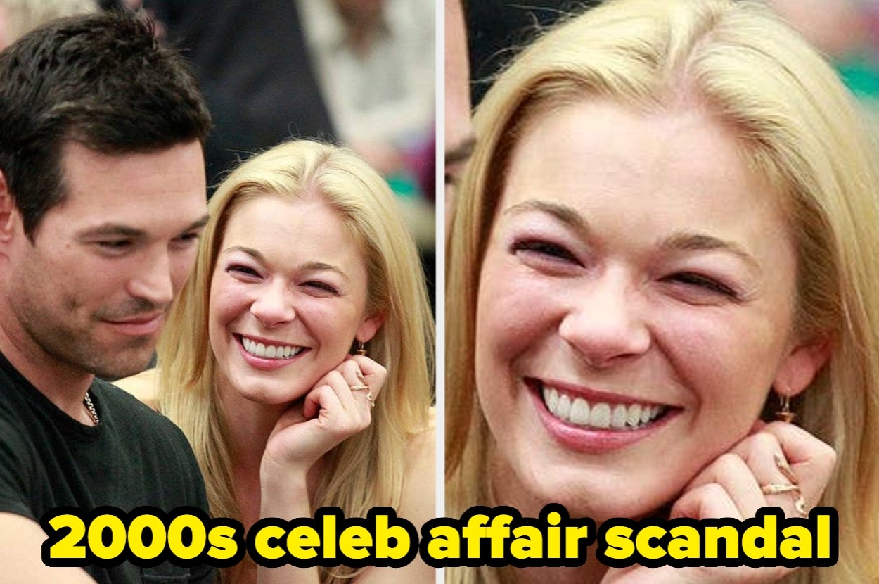Two people smiling together in close-up photos. The text overlay reads: "2000s celeb affair scandal."