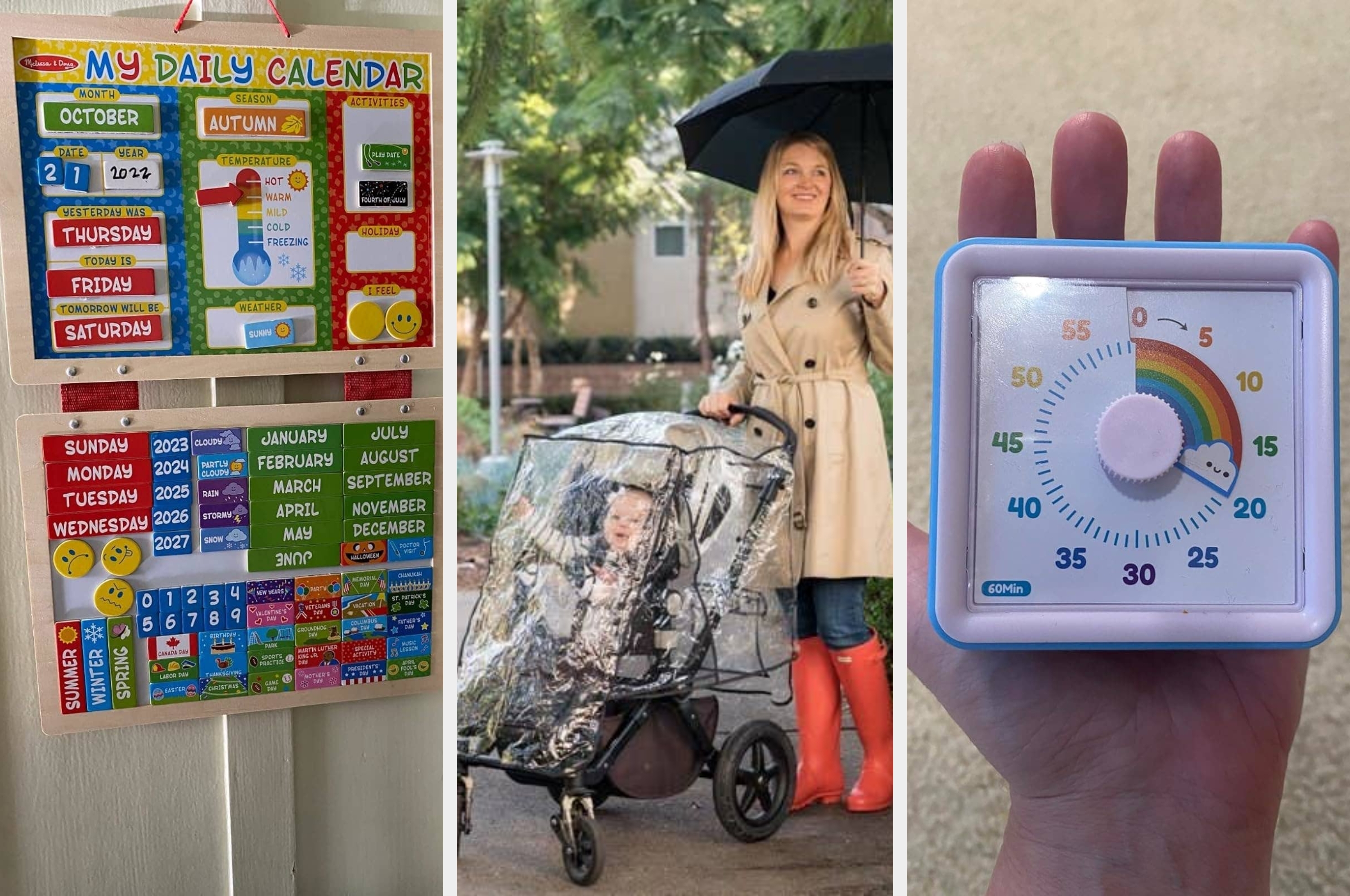 Two images: Left shows a hand holding a bottle of "Miss Mouth's Messy Eater Stain Treater." Right shows a water faucet extender for kids