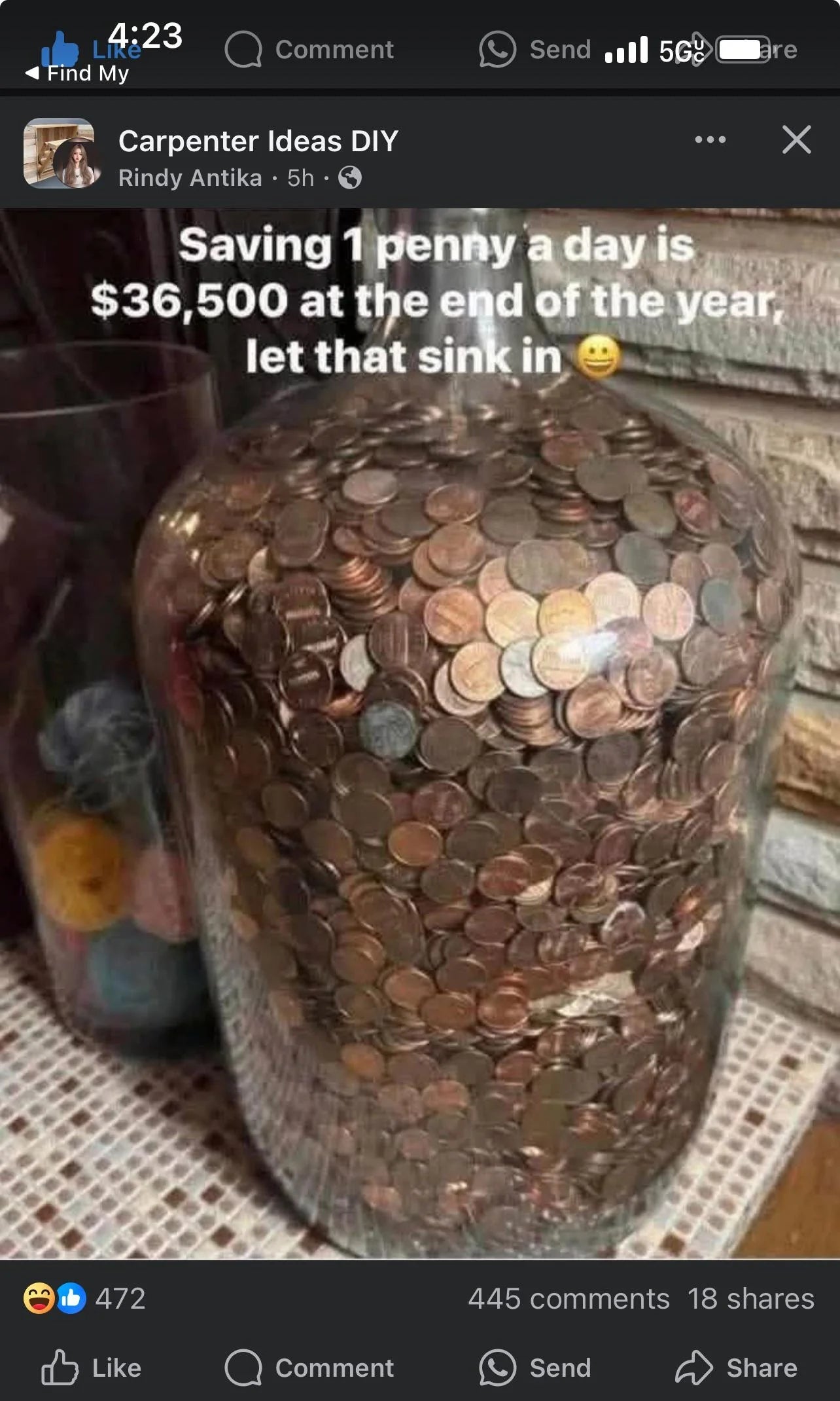 Jar filled with pennies next to text: "Saving 1 penny a day is $36,500 at the end of the year, let that sink in."