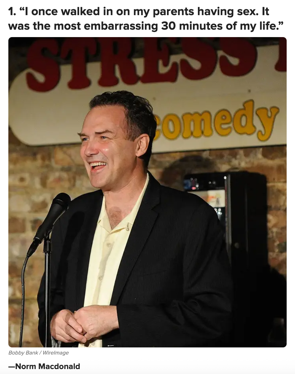 Comedian on stage smiling, holding a microphone. Text above him features a humorous quote about an awkward family situation