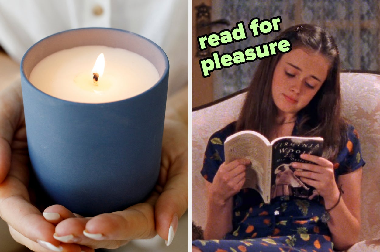 On the left, someone holding a lit candle, and on the right, Rory Gilmore reading on a couch labeled read for pleasure