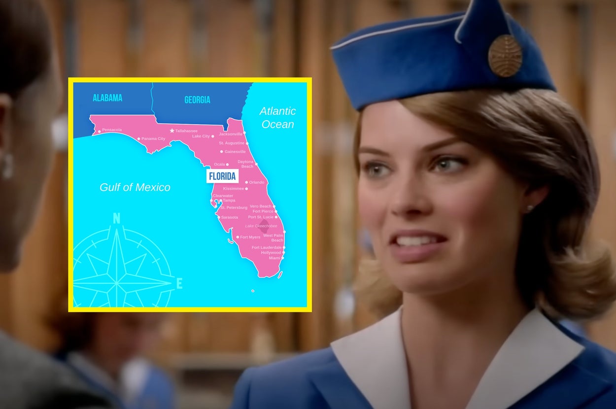 A person dressed as a flight attendant with a map of the southeastern U.S., highlighting Florida, in the background