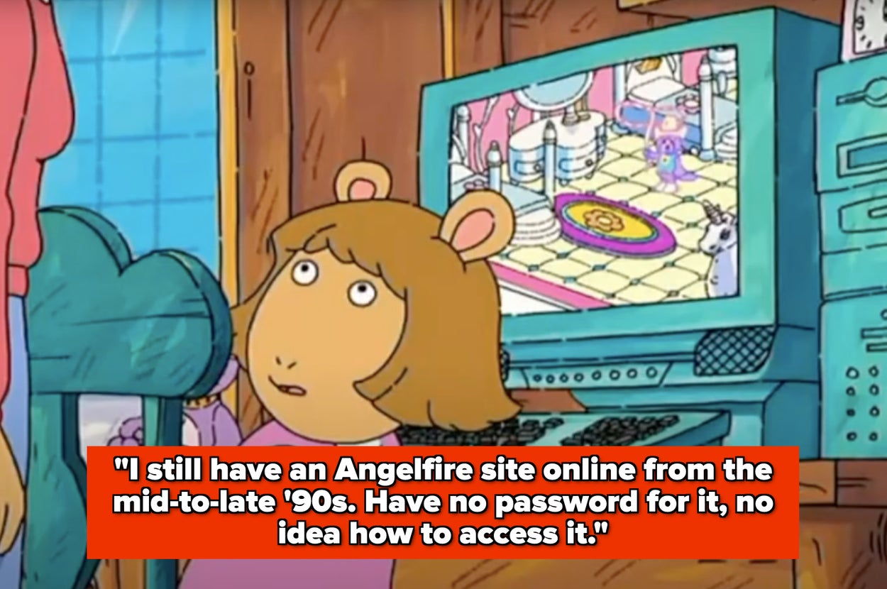 Animated character looking at a computer displaying a colorful screen. Text reads, "I still have an Angelfire site online from the mid to late 90s..."