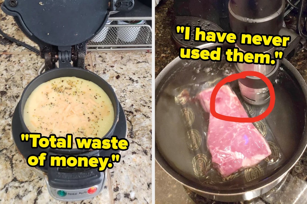 Left: Omelet in a cooker with text "Total waste of money." Right: Steak cooking in water with text "I have never used them."