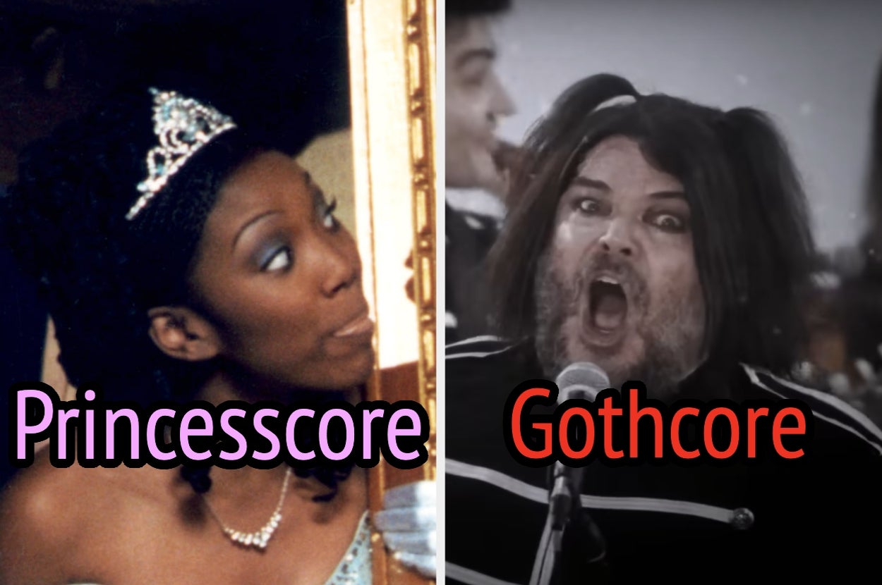 Two-part image: Left Brandy in "Cinderella" in a tiara, described as "Princesscore." Right shows Jack Black in an SNL skit singing energetically, described as "Gothcore."