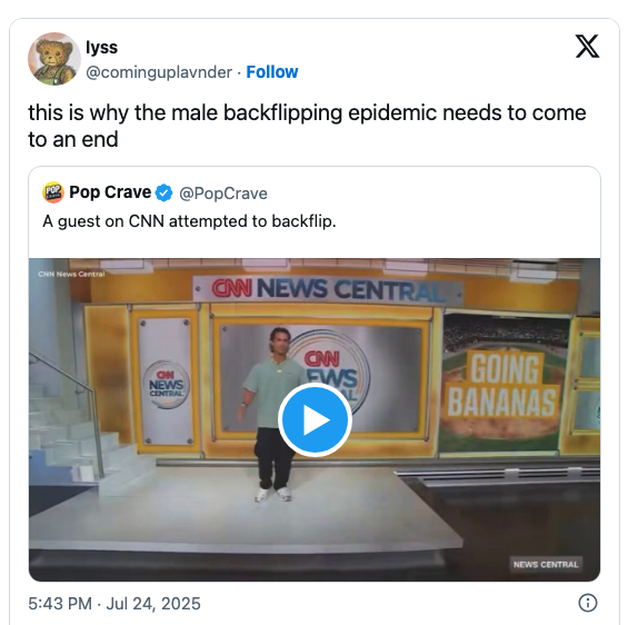 Tweet with a screenshot of a CNN segment where a guest attempts a backflip. Caption jokes about ending a "male backflipping epidemic."