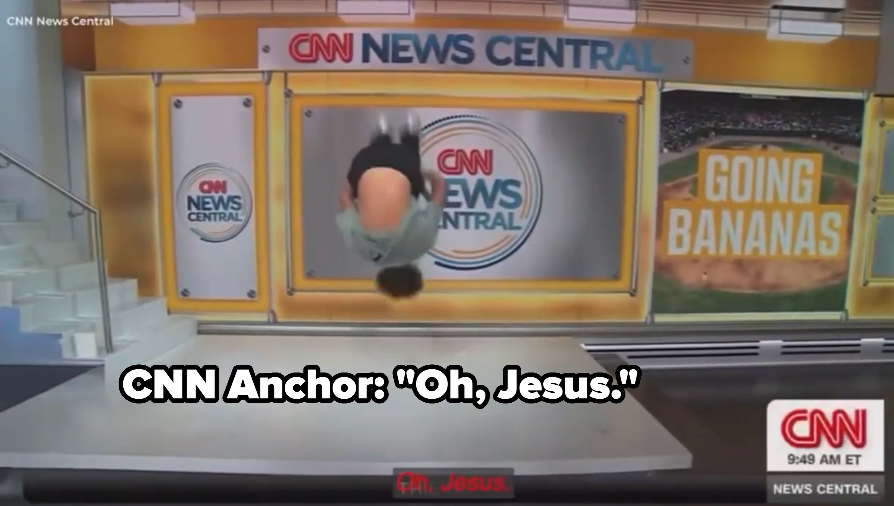 Person performs a backflip on a TV news set labeled "CNN News Central"; the screen behind them says "Going Bananas."