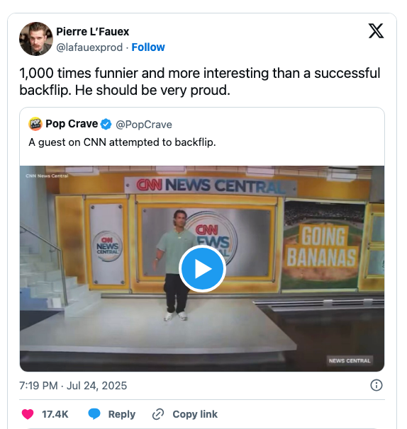 Tweet mocking CNN shows a humorous attempt at a backflip on set, suggesting the person should be proud despite not succeeding