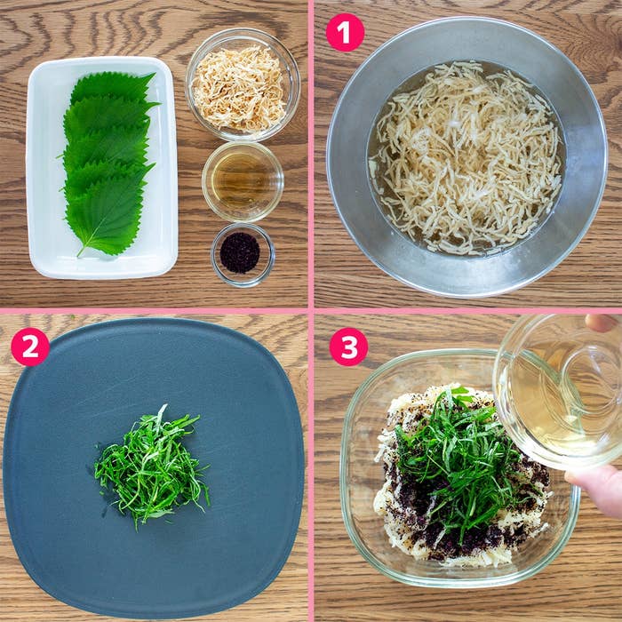 調理手順の写真: 大葉やつくり方の手順。皿に材料を並べ、混ぜ、ドレッシングをかける。