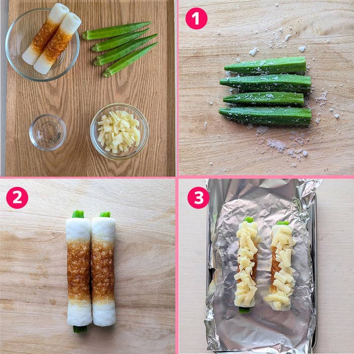 調理手順:オクラとちくわにチーズをトッピングし、アルミホイルで焼く。