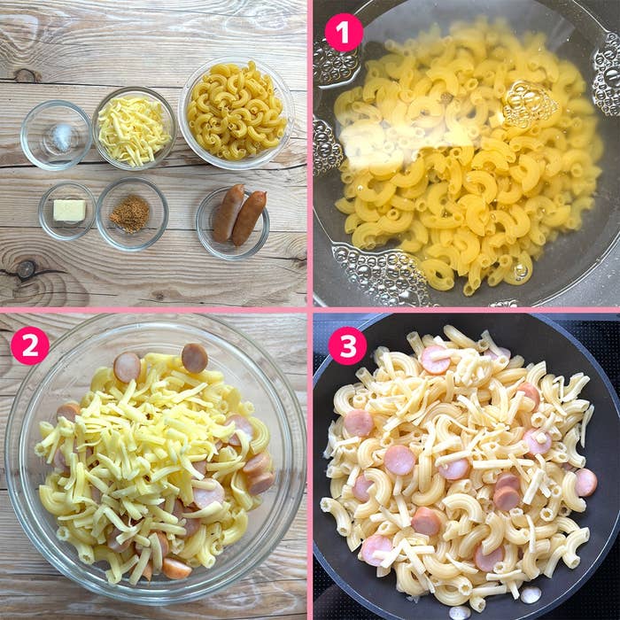 調理工程の画像。1. 鍋でマカロニを茹でる。2. マカロニとソーセージ、チーズを混ぜる。3. フライパンで炒める。