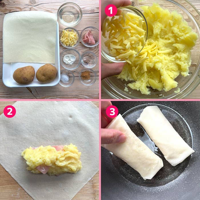 調理手順を示す4コマ画像。マッシュしたポテトとチーズを春巻きの皮で包み、フライパンで調理している。