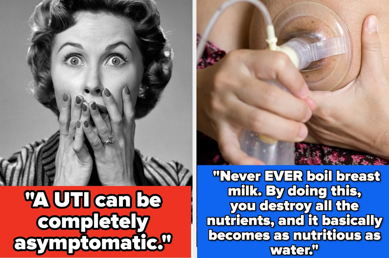 On the left, a surprised woman with text about asymptomatic UTIs in older women. On the right, a breast pump with text advising against boiling breast milk