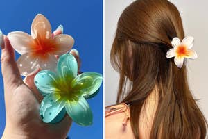 女性が花型の髪飾りをつけている後ろ姿。