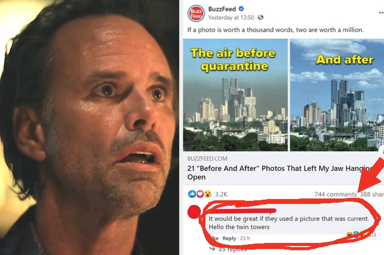 A person reacting to a BuzzFeed post showing before-and-after cityscape photos; a comment highlights an outdated reference to the twin towers