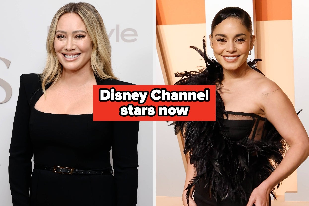 Split image of Hilary Duff and Vanessa Hudgens as adults on the red carpet. Text: "Disney Channel stars now"