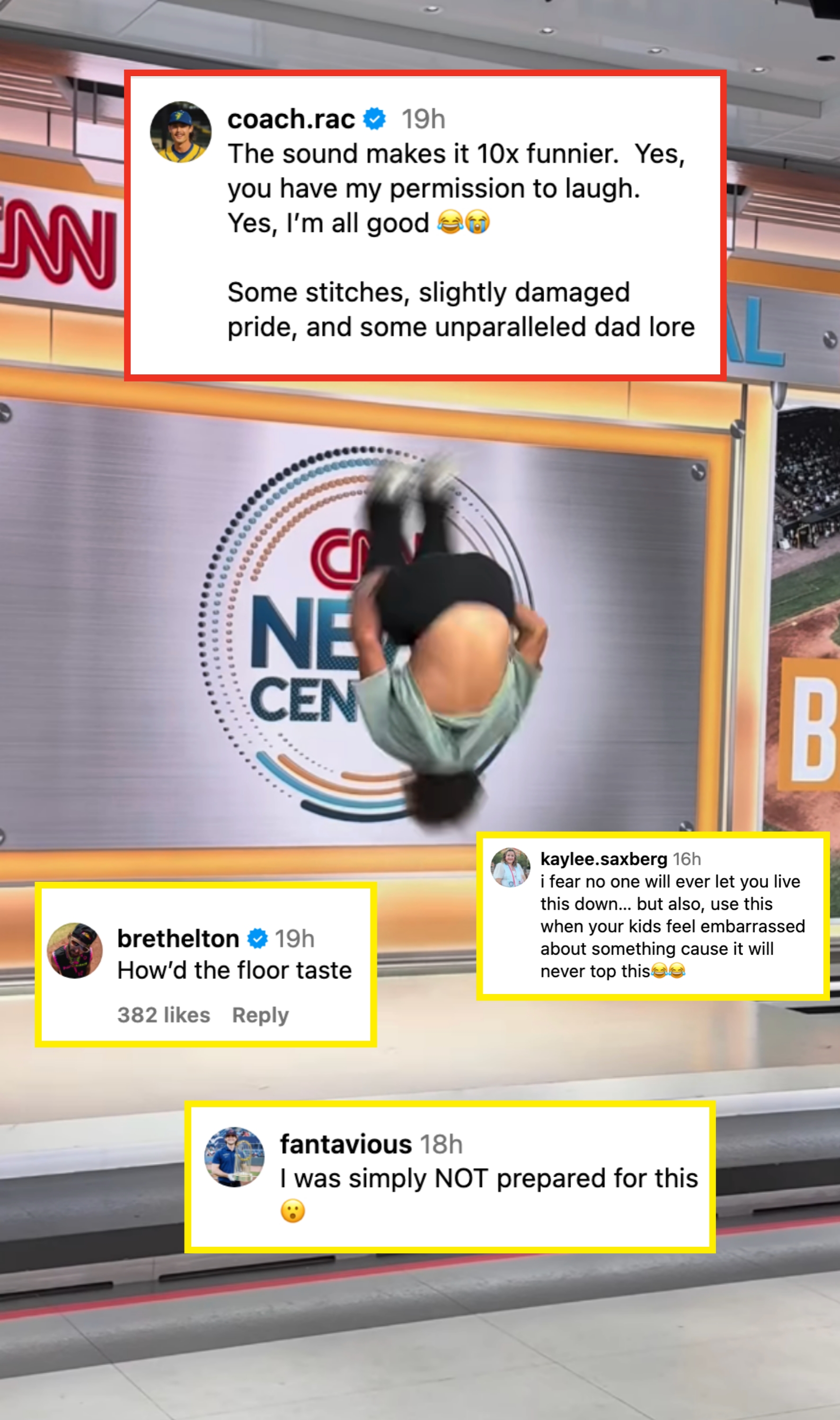 Person performing a backflip in a studio with a "CNN News Central" sign in the background