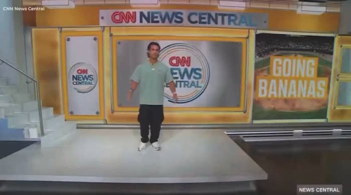 Person on CNN News Central set near stairs; a background screen displays "GOING BANANAS."