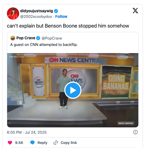 Tweet showing a video thumbnail of a guest on CNN attempting a backflip with overlay text: "Going Bananas."
