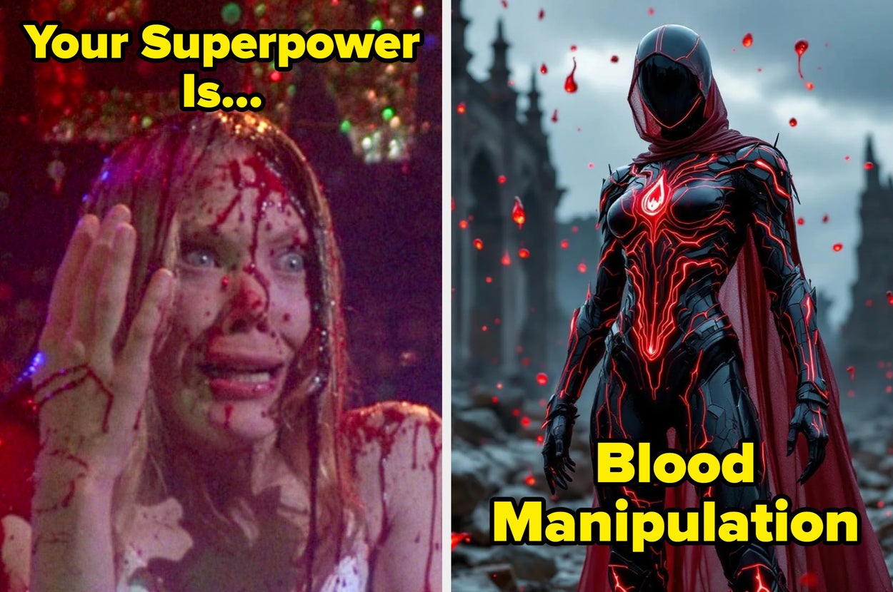 Split image: Left shows a person, Carrie, drenched in liquid with a shocked expression. Right depicts a figure in a futuristic suit with a glowing chest logo, titled "Blood Manipulation."
