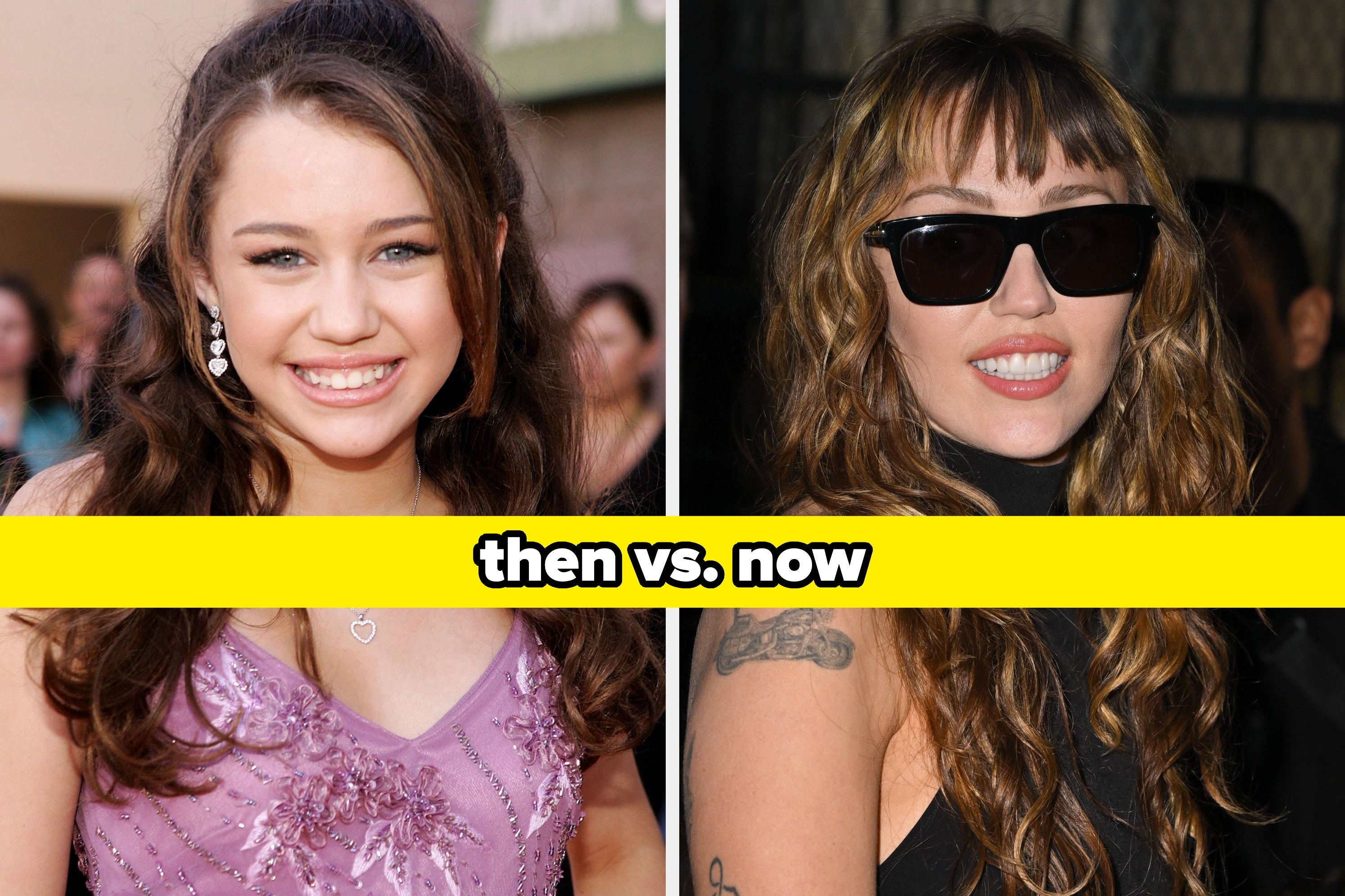 Split image of Miley Cyrus when she was a kid vs. an adult. Text: "then vs. now"