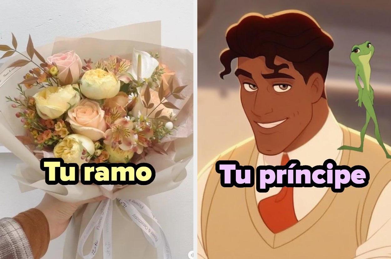 Un ramo de flores a la izquierda y un personaje animado sonriente con una rana a la derecha. Texto: "Tu ramo" y "Tu príncipe"