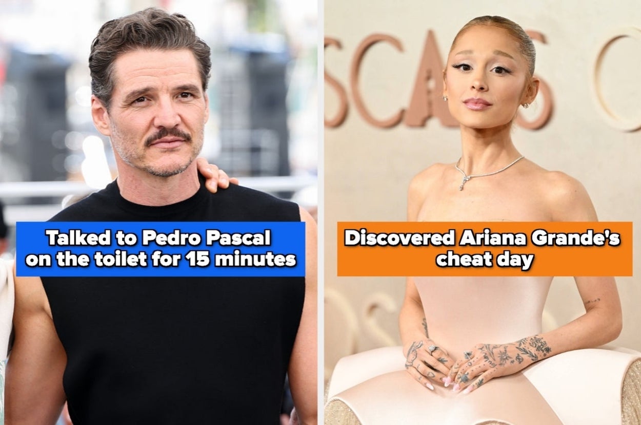 Two side-by-side images: a man with a relaxed expression and a woman in a strapless gown. Text claims 15-minute toilet chat and cheat day discovery