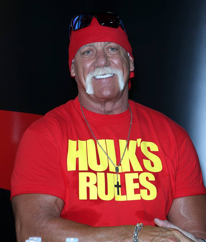 Hulk Hogan wearing a shirt with "Hulk's Rules" text and a bandana