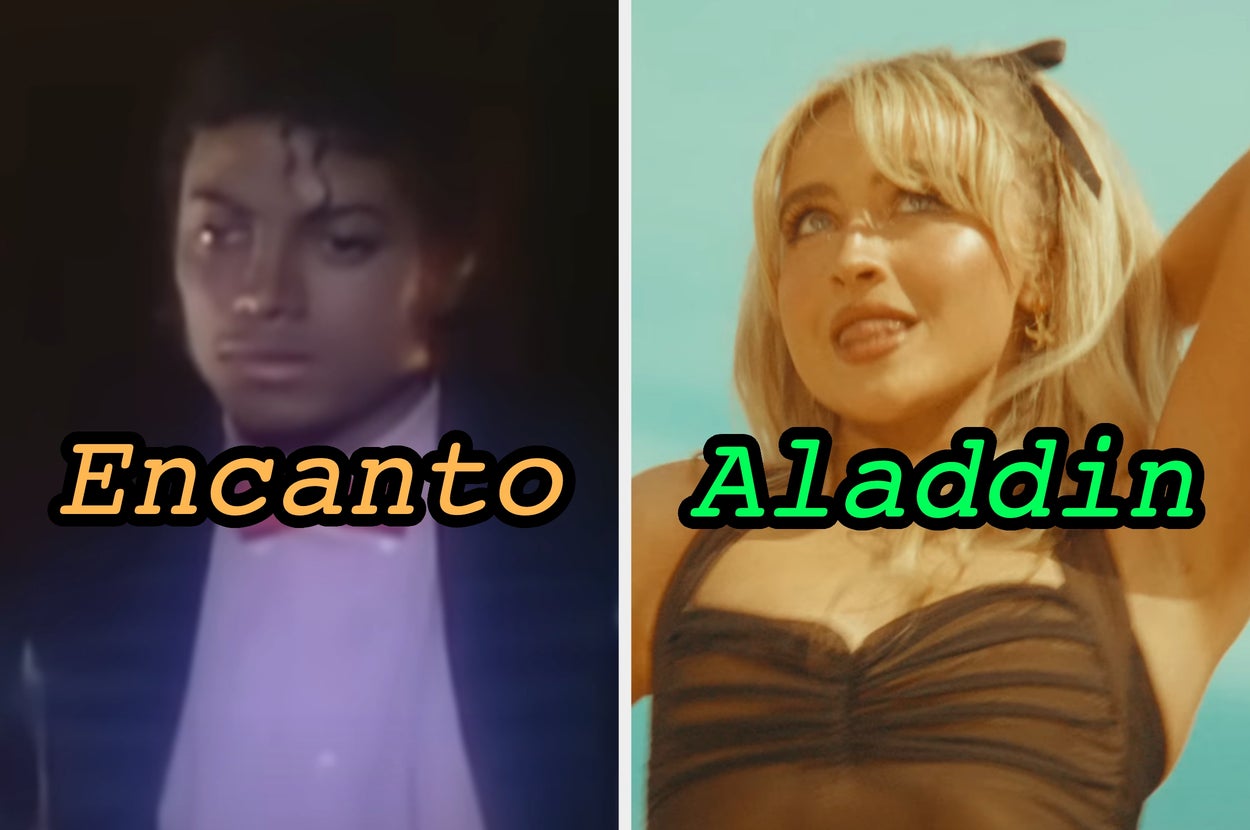 On the left, Michael Jackson in the Billie Jean music video labeled Encanto, and on the right, Sabrina Carpenter in the Espresso music video labeled Aladdin