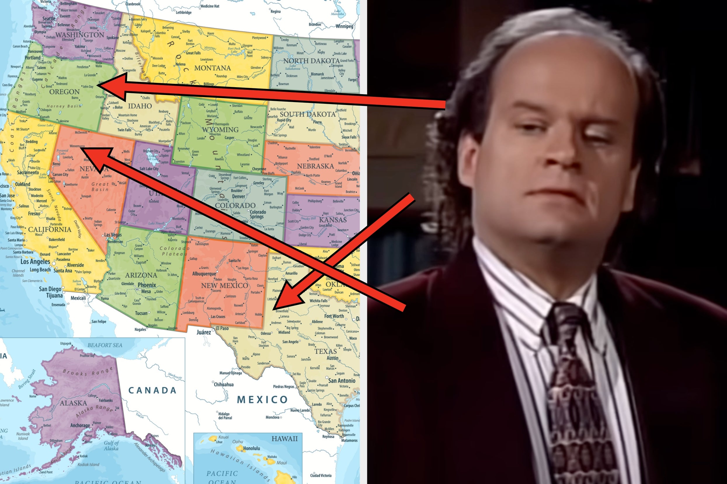 Map of the U.S. western states with arrows pointing to a serious-looking man in a suit and patterned tie