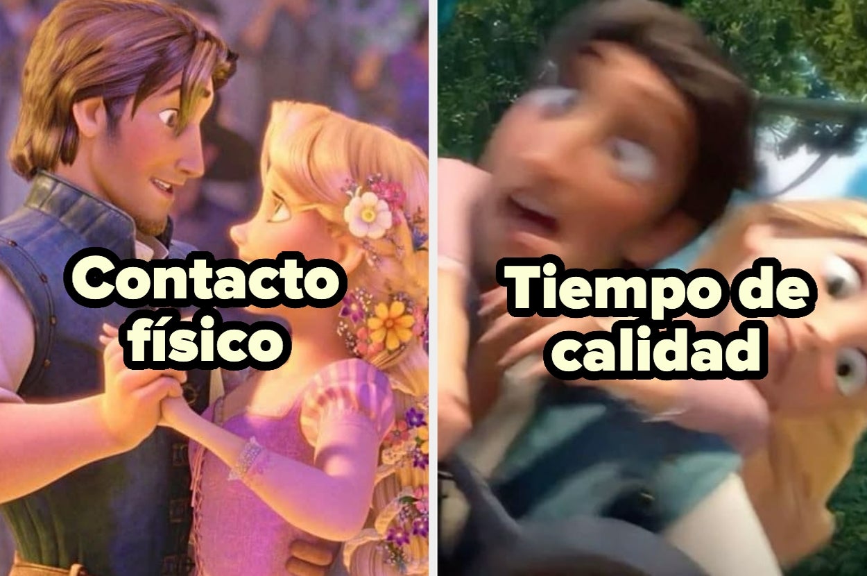 Imagen dividida: izquierda muestra abrazo cariñoso de personajes animados; derecha muestra a los mismos personajes en una caída caótica. Texto: "Contacto físico", "Tiempo de calidad"
