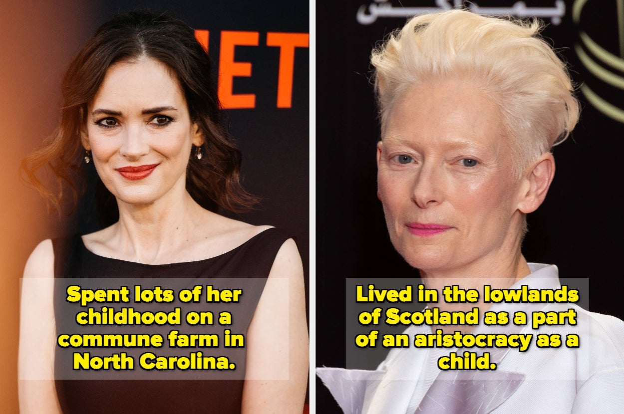 Two women on a red carpet. Left: Long dark hair, elegant dress. Right: Short light hair, white outfit. Text mentions their childhoods in North Carolina and Scotland