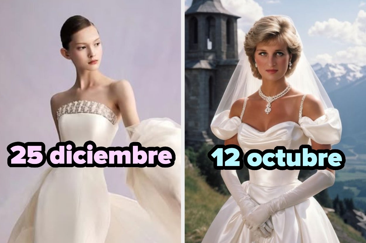 A la izquierda, modelo con vestido de gala. A la derecha, mujer con vestido de novia y guantes. Fechas "25 diciembre" y "12 octubre" superpuestas