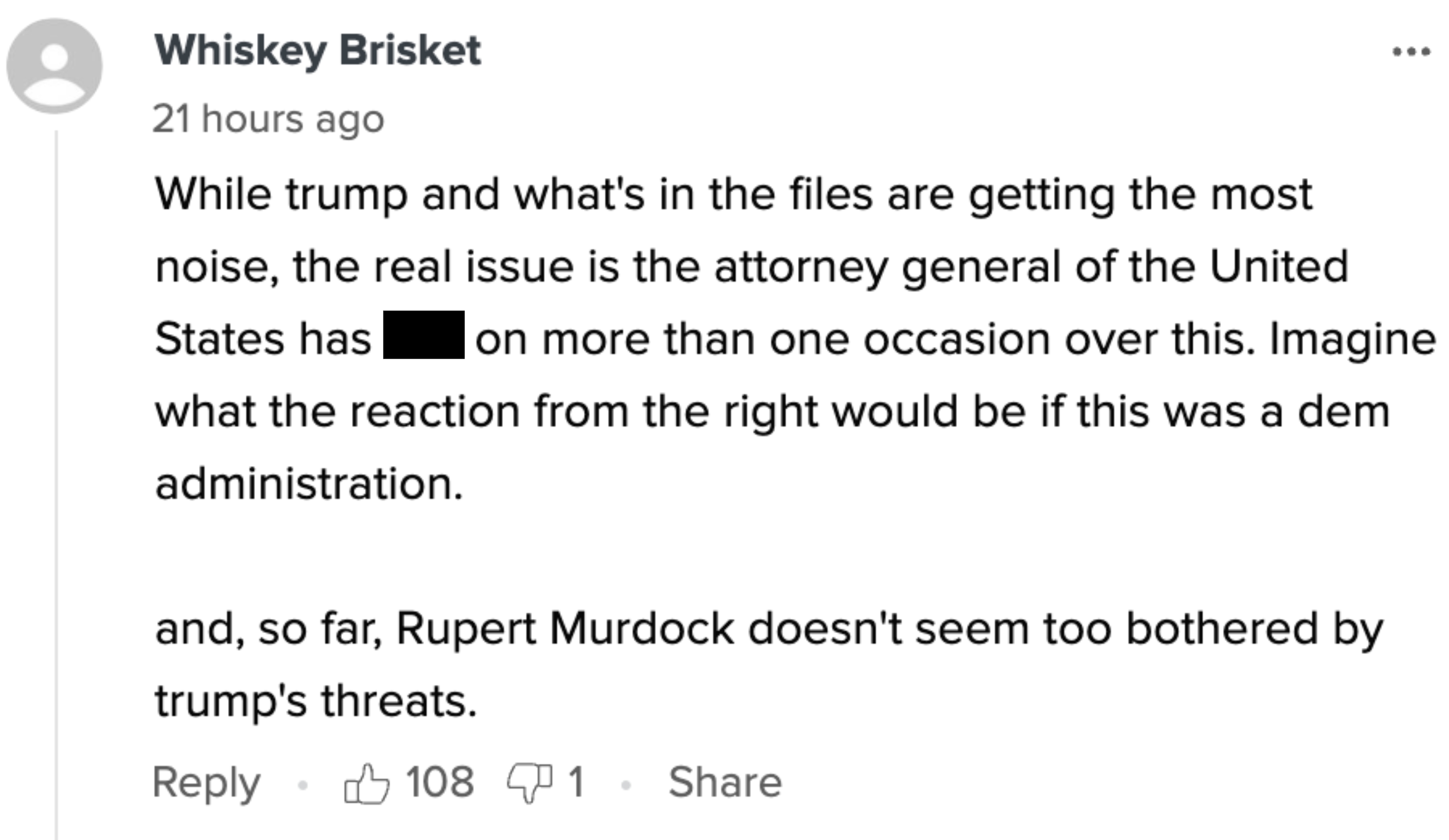 Social media comment discussing the attorney general&#x27;s actions related to Trump, contrasting potential reactions if roles were reversed politically