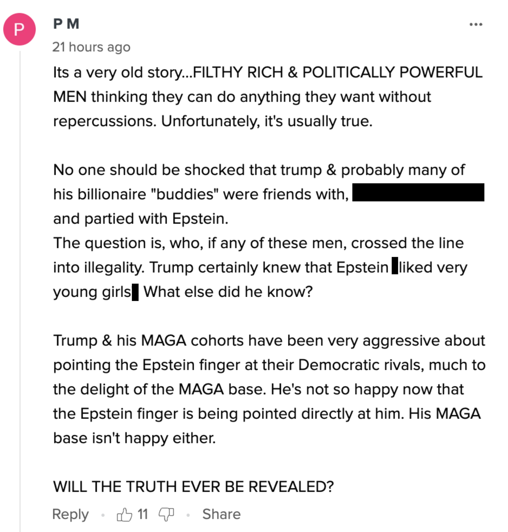 User comment about powerful men avoiding repercussions, referencing Trump, Epstein, and Epstein&#x27;s associates, questioning if they acted illegally