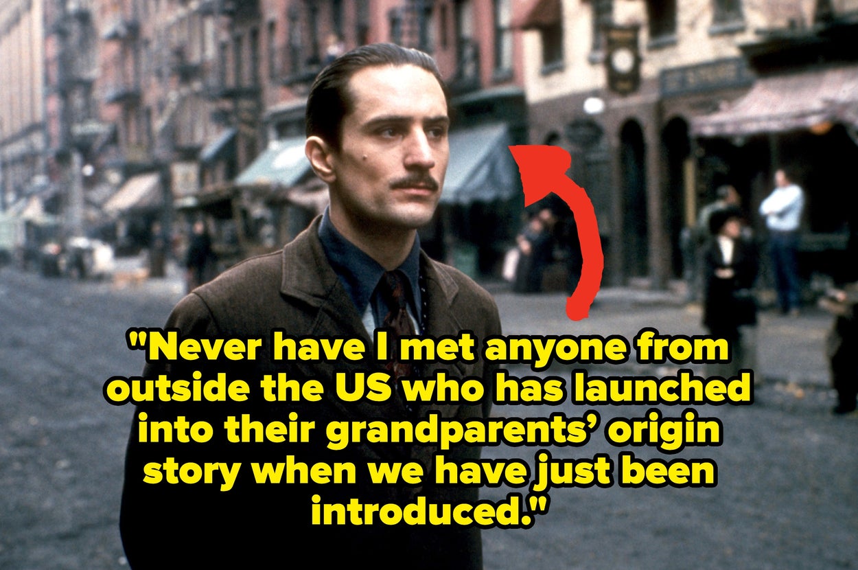 Man with a mustache in a vintage city setting. Text discusses how people outside the US don't usually share their grandparents’ origin stories on meeting