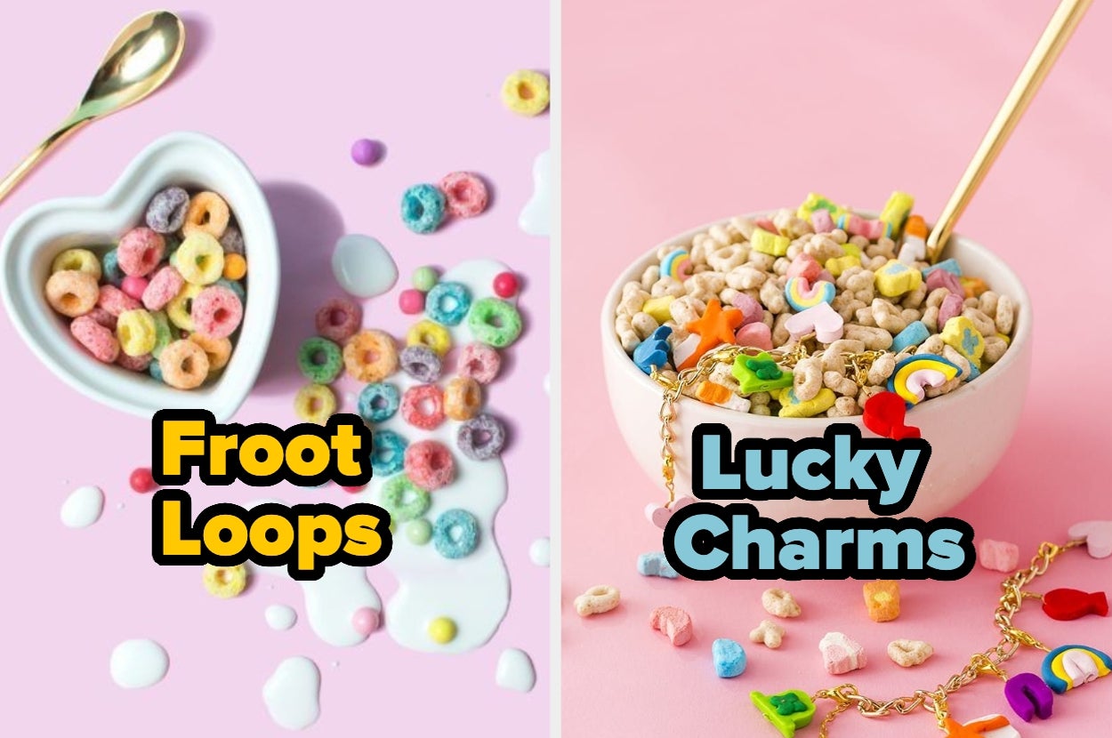 Comparativa visual de cereales. A la izquierda, Froot Loops con leche. A la derecha, Lucky Charms en tazón con cuchara dorada