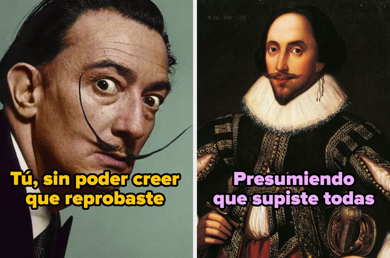 A la izquierda, un hombre con bigote delgado. A la derecha, el David de Miguel Ángel, ambos con texto humorístico sobre exámenes