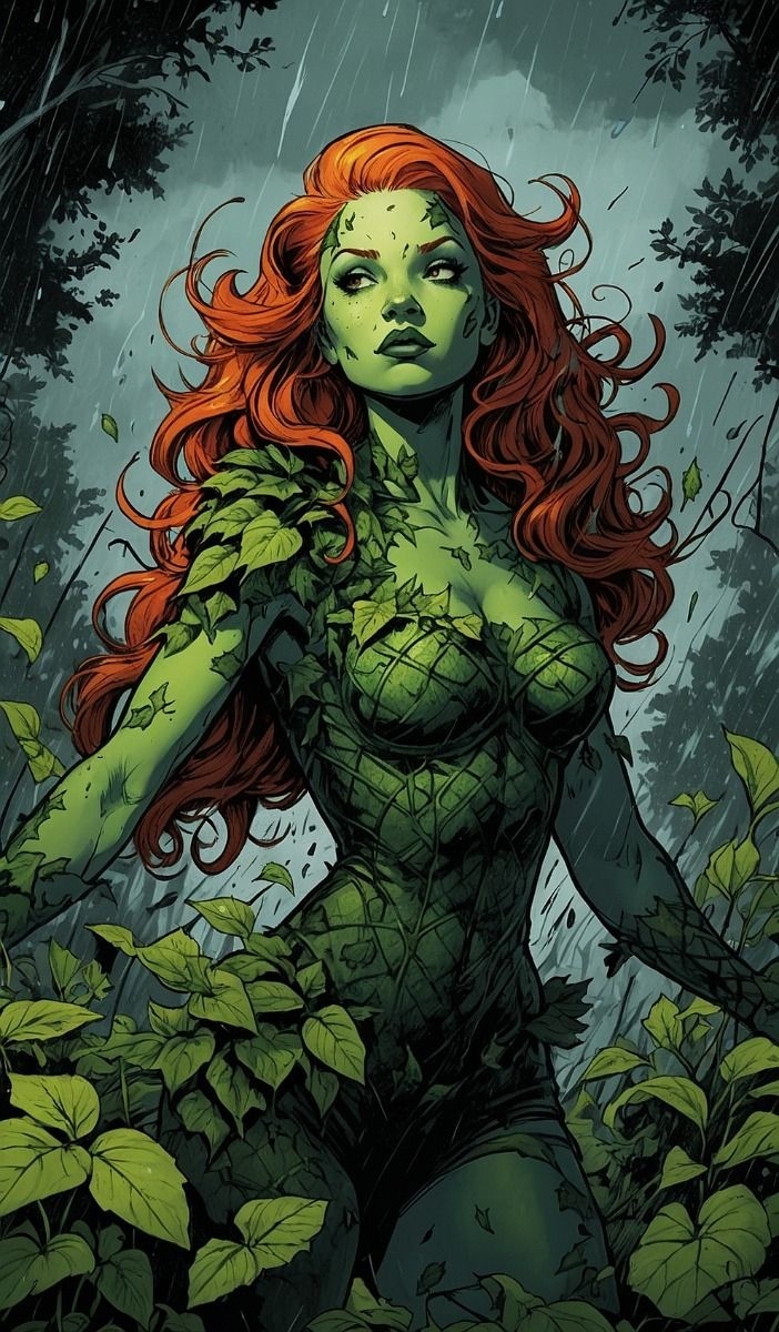 Ilustración de un personaje femenino con cabello largo, vestida con atuendo de hojas, en una escena de bosque, estilo cómic