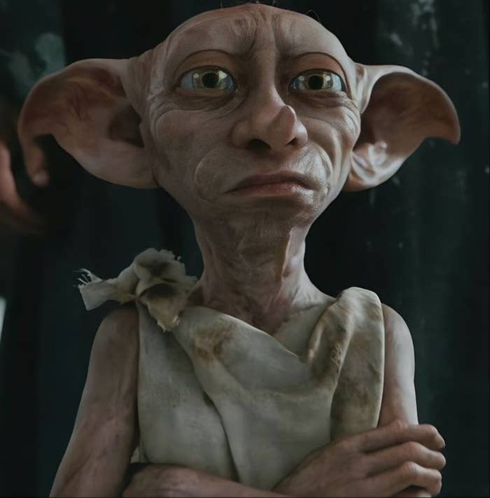 Criatura mágica con orejas grandes y nariz pequeña, envuelta en un paño, mirada seria. Relacionado con libros de fantasía