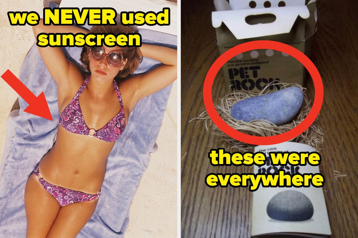 Left: Person sunbathing without sunscreen; right: Pet rock in packaging