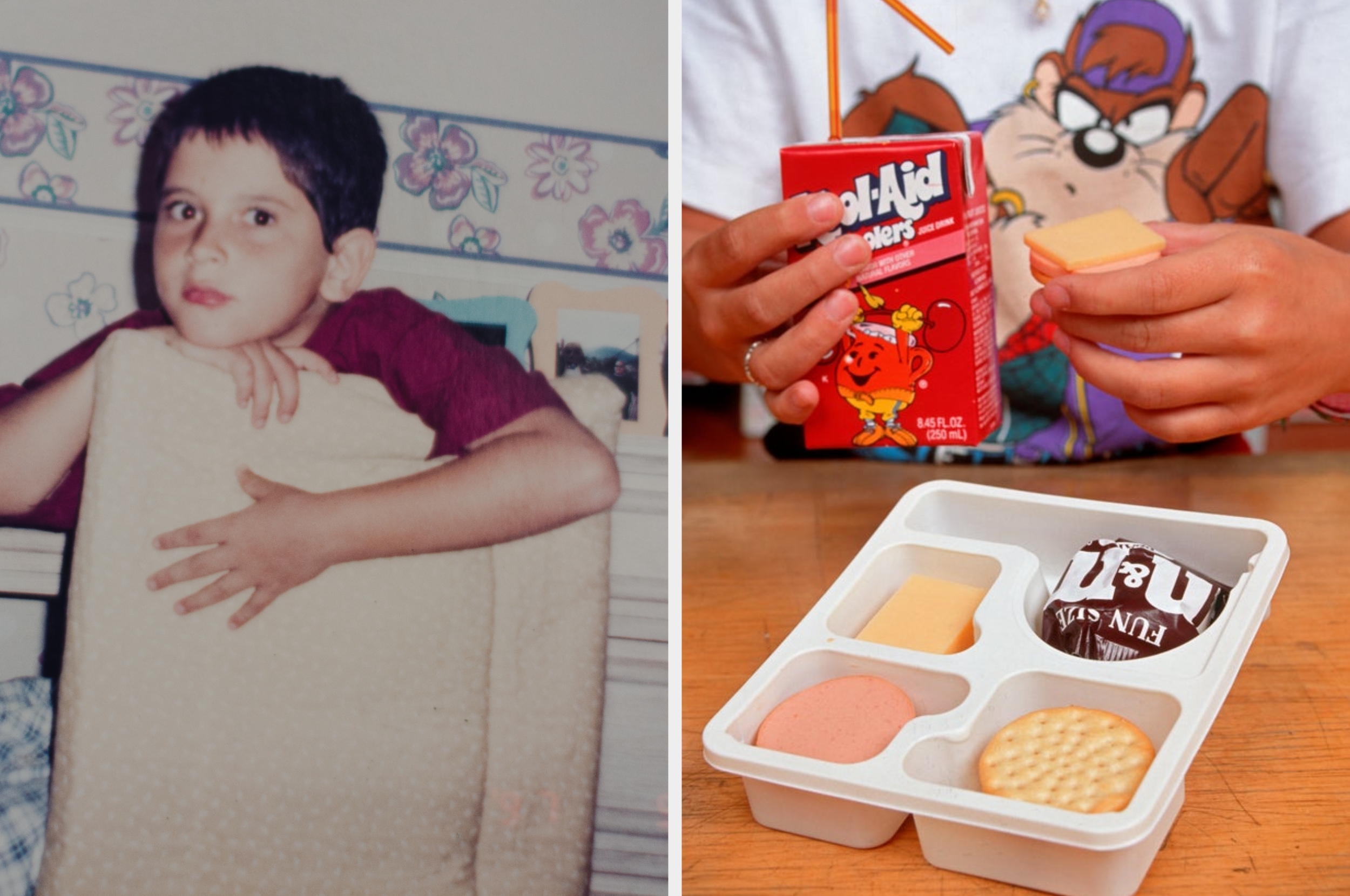 Child leaning on a chair next to hands opening a packaged lunch with crackers, processed meat, cheese, and a juice box with a straw