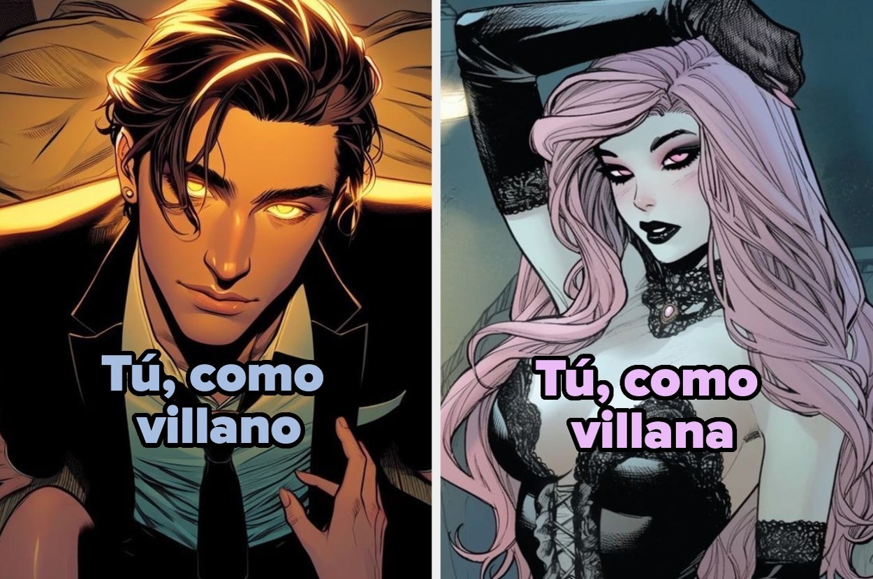 Ilustraciones de personajes estilo cómic: a la izquierda, un hombre elegante como villano; a la derecha, una mujer misteriosa en atuendo gótico. Texto: "Tú, como villano/a"