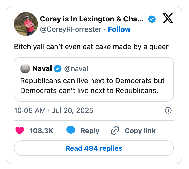Tweet exchange: Person disputes idea that different political supporters can&#x27;t coexist, focusing on accepting homemade cake regardless of the baker&#x27;s identity
