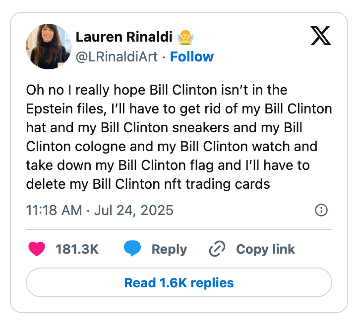 A social media post humorously lists many Bill Clinton-themed items the user might need to discard if Clinton is implicated in the Epstein files