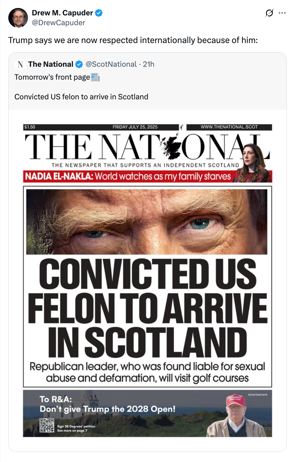 Newspaper front page with headline: "Convicted US Felon to Arrive in Scotland," about a Republican leader's visit
