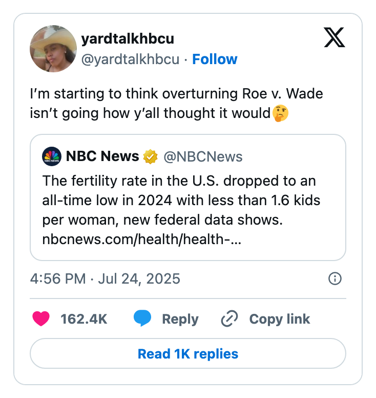 Social media post showing a user pondering the impact of overturning Roe v. Wade. Below is a news report on the U.S. fertility rate hitting a record low