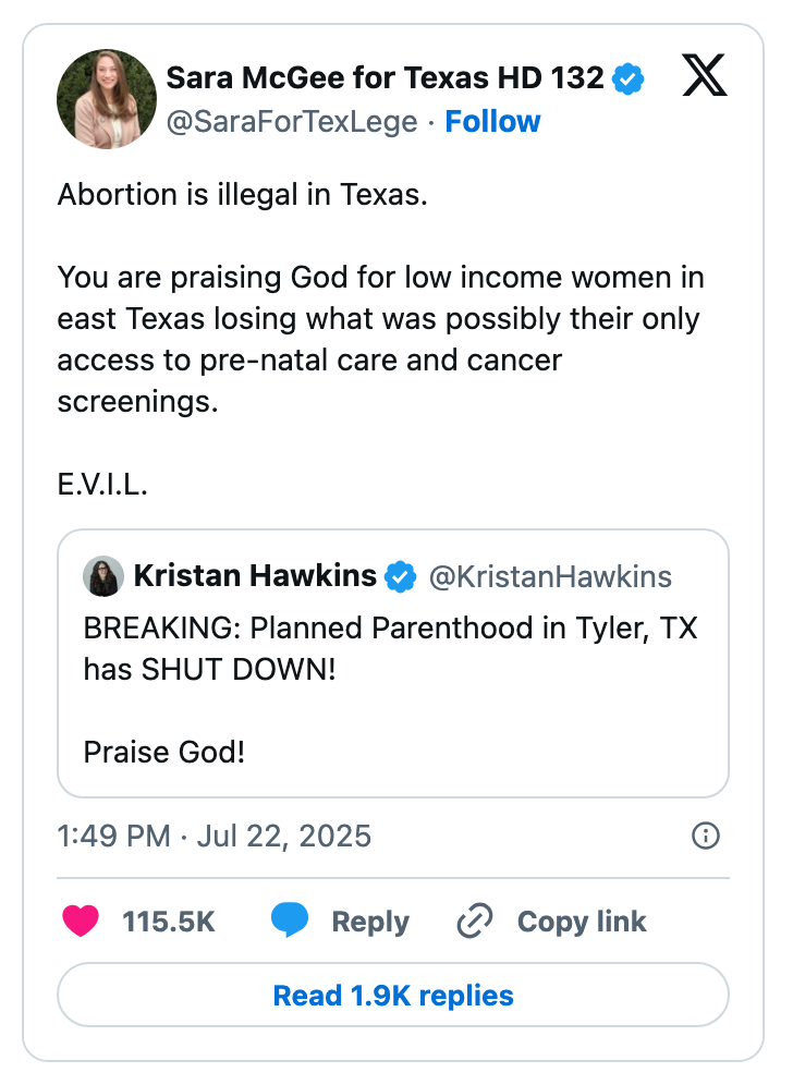 Social media post: &quot;Abortion is illegal in Texas,&quot; criticizing the closure of Planned Parenthood in Texas, and labeling it as &quot;E.V.I.L.&quot; Responses included