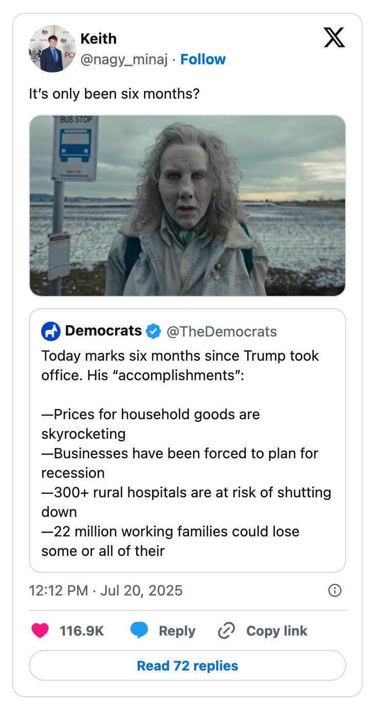 A person in a ghostly costume by water. A tweet highlights issues like rising prices and healthcare closures six months into a presidency